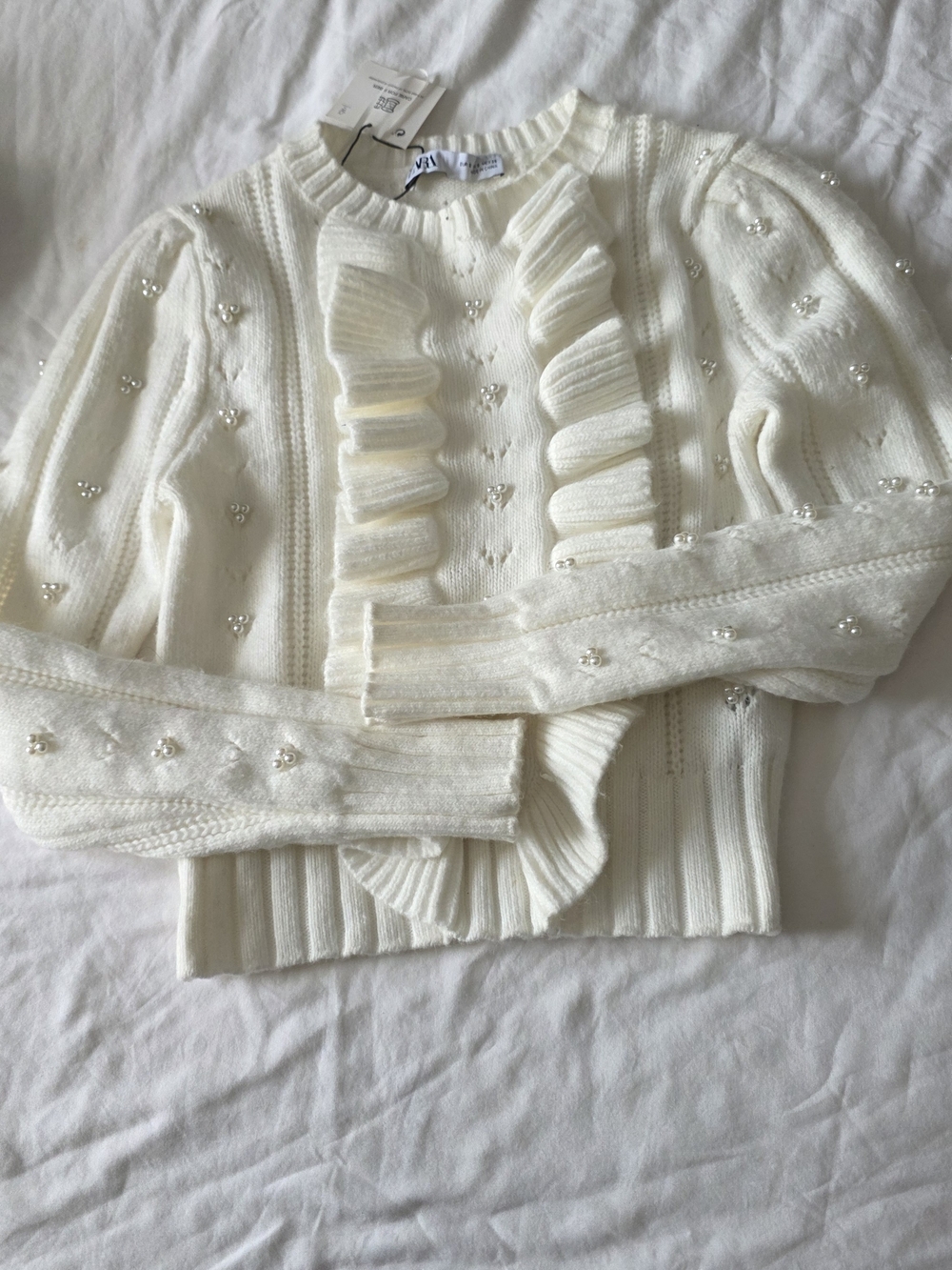 Zara Cream Ruffle Pearl-Embellished Knit Sweater